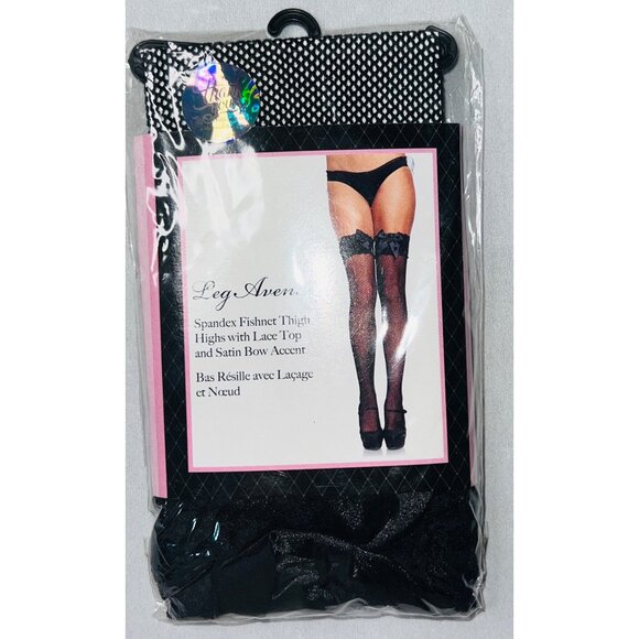 Leg Avenue Other - Leg Avenue Spandex Fishnet Thigh Highs With Lace Top & Satin Bow Accent